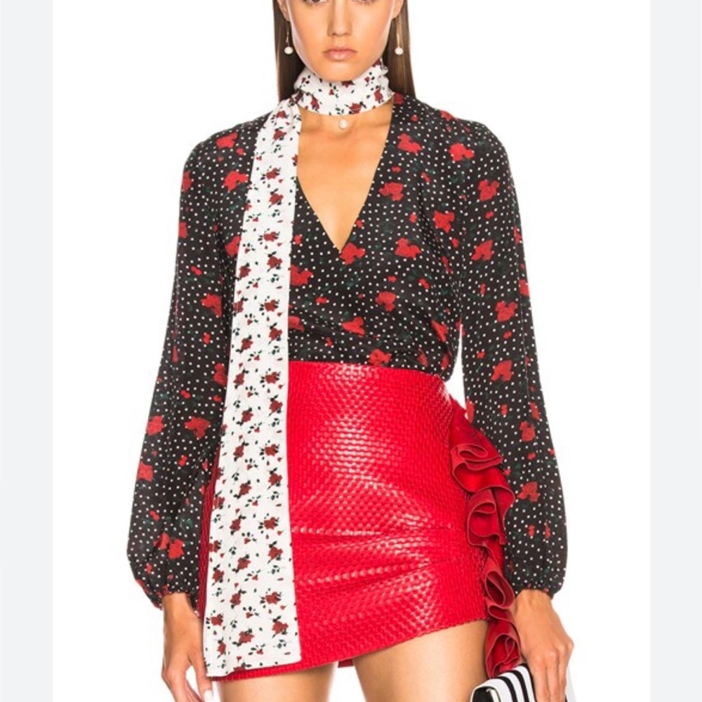 RIXO Angie Rose Garden Polka Dot Silk Blouse, Size M, Color Black/Red/White